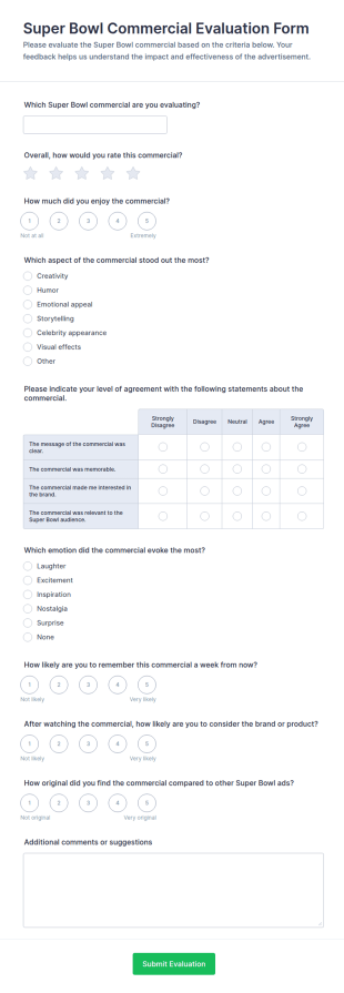 Super Bowl Commercial Evaluation Survey Form Template