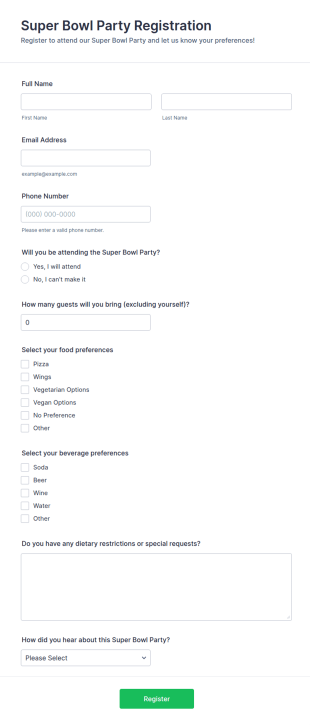 Super Bowl Party Registration Form Template