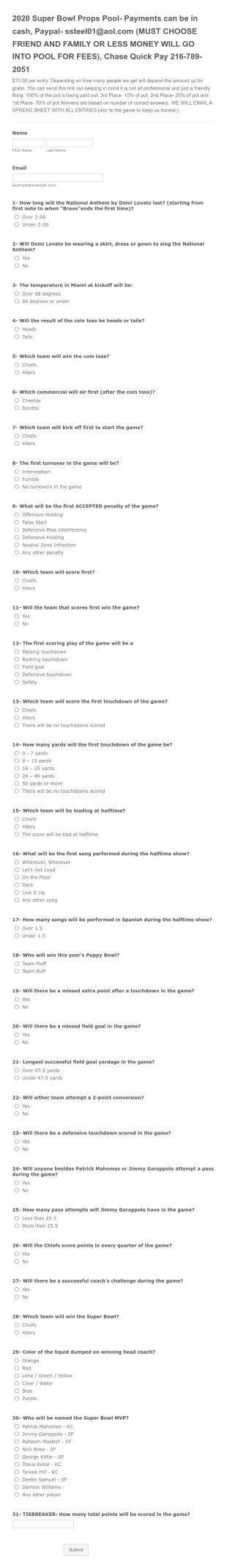 Super Bowl Questionnaire Form Template