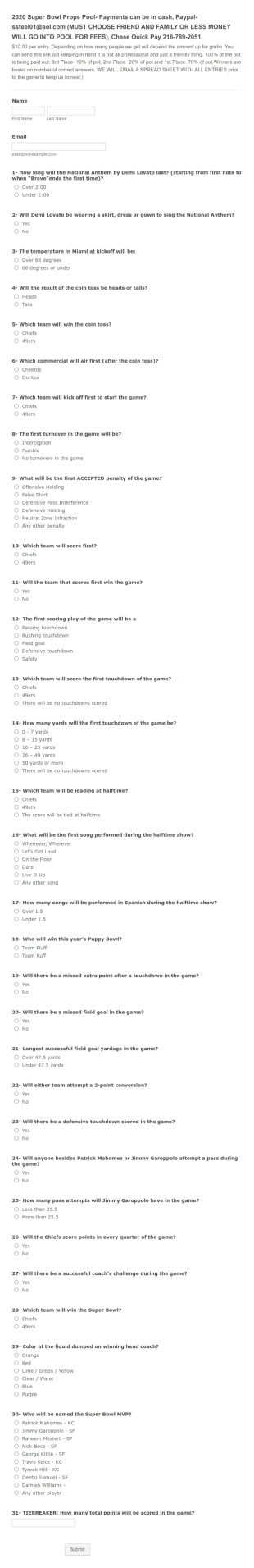 Super Bowl Questionnaire Form Template