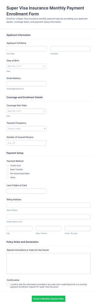 Super Visa Insurance Monthly Payment Enrollment Form Template
