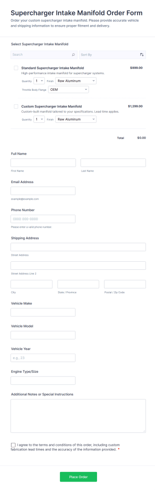 Supercharger Intake Manifold Order Form Template