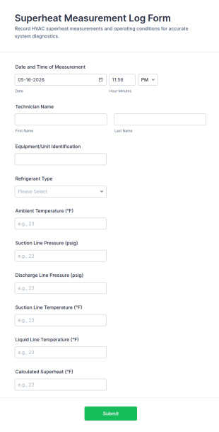 Superheat Measurement Log Form Template