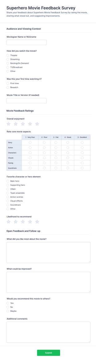 Superhero Movie Feedback Survey Form Template
