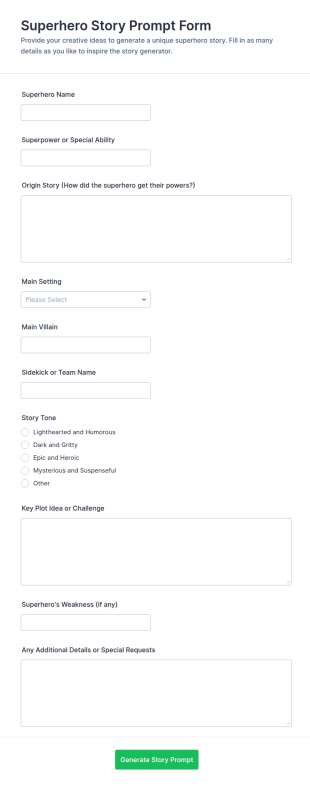 Superhero Story Prompt Form Template
