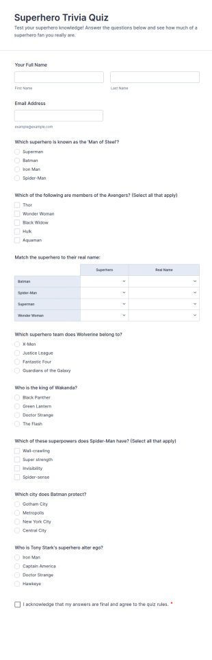 Superhero Trivia Quiz Form Template