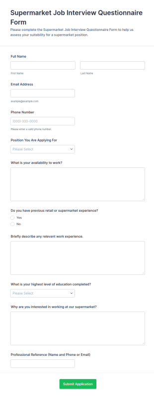 Supermarket Job Interview Questionnaire Form Template