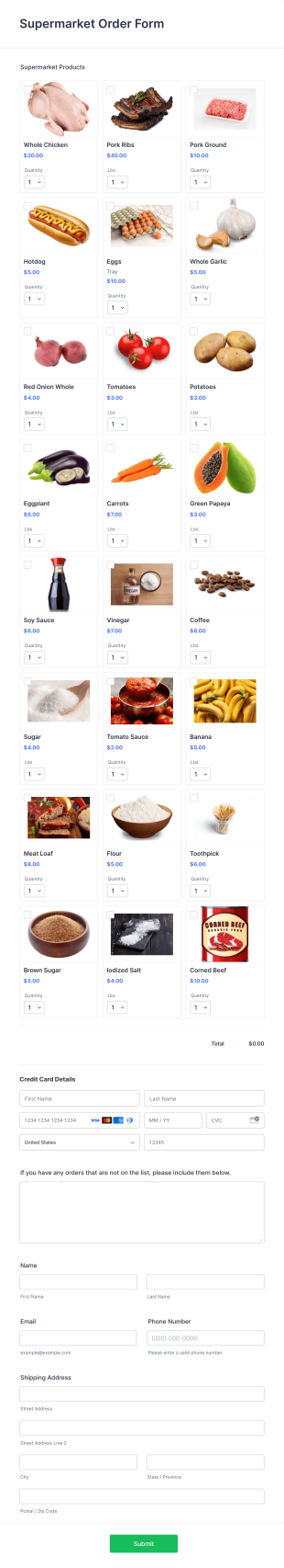 Supermarket Order Form Template