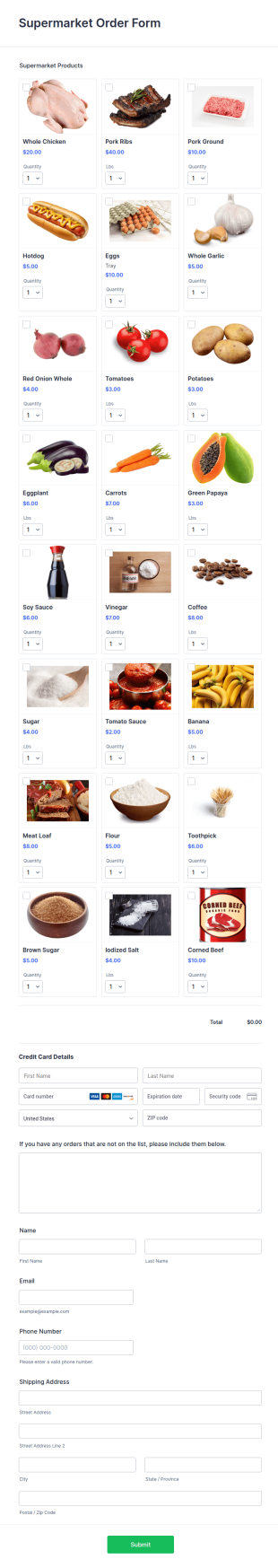 Supermarket Order Form Template