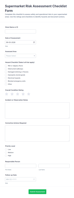 Supermarket Risk Assessment Checklist Form Template