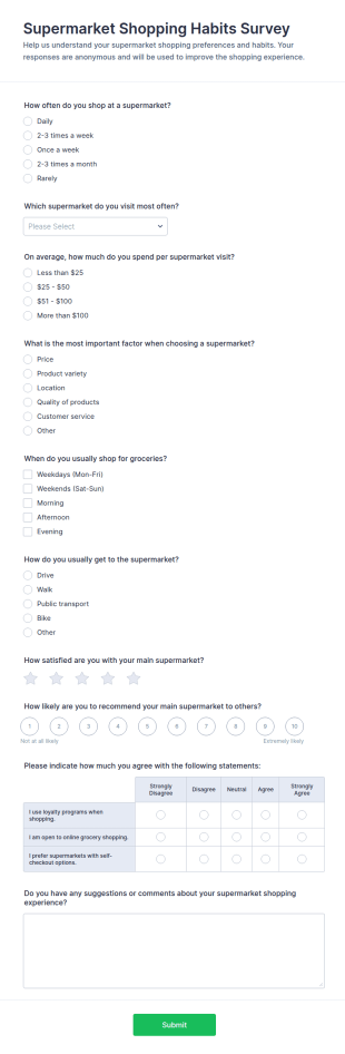 Supermarket Shopping Habits Survey Form Template