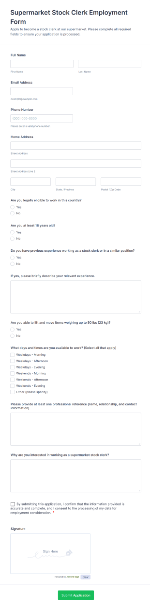 Supermarket Stock Clerk Employment Form Template