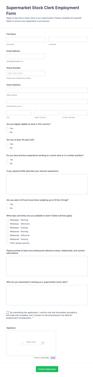 Supermarket Stock Clerk Employment Form Template