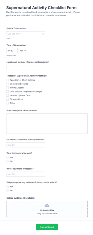 Supernatural Activity Checklist Form Template