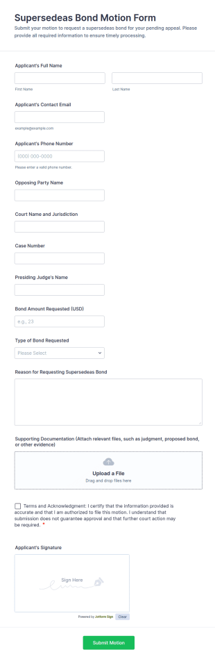 Supersedeas Bond Motion Form Template