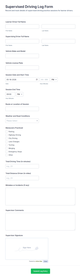 Supervised Driving Log Form Template