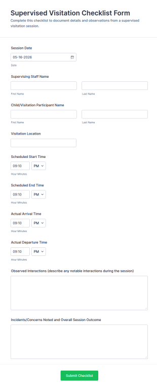 Supervised Visitation Checklist Form Template