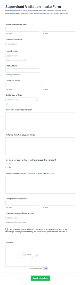 Supervised Visitation Intake Form Template