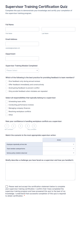 Supervisor Training Certification Quiz Form Template