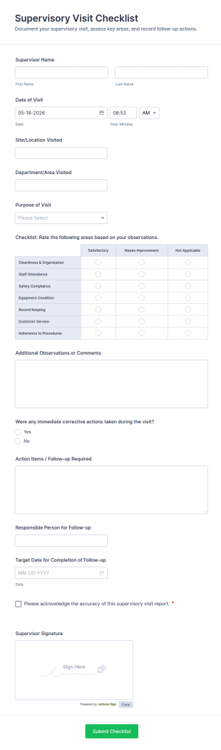 Supervisory Visit Checklist Form Template