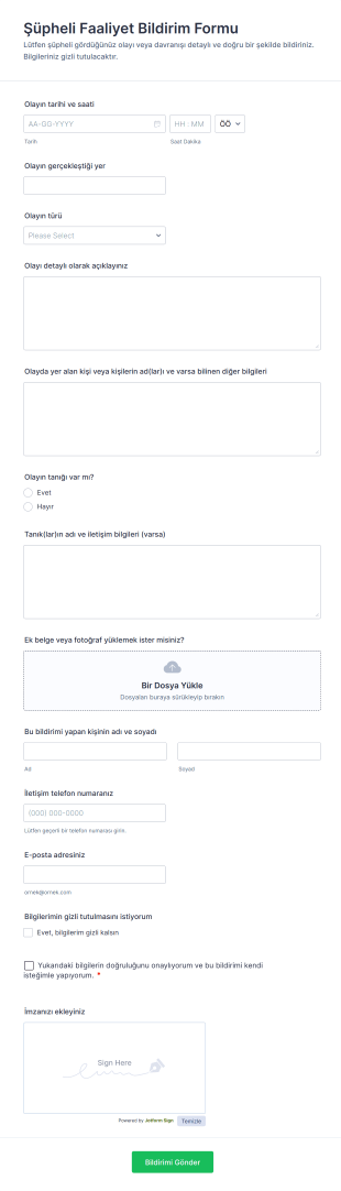 Şüpheli Faaliyet Bildirim Form Şablonu