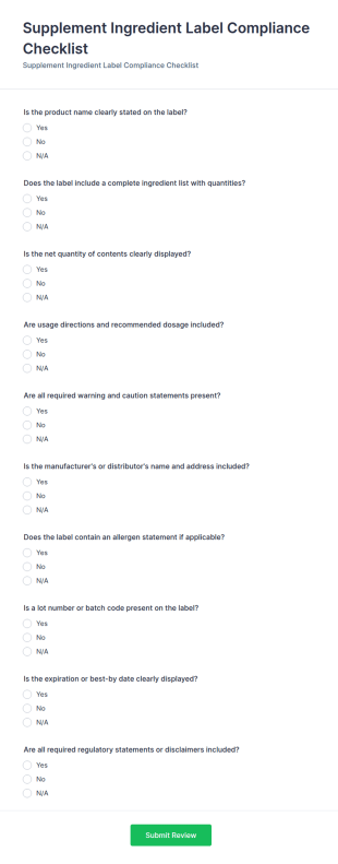 Supplement Ingredient Label Compliance Checklist Form Template