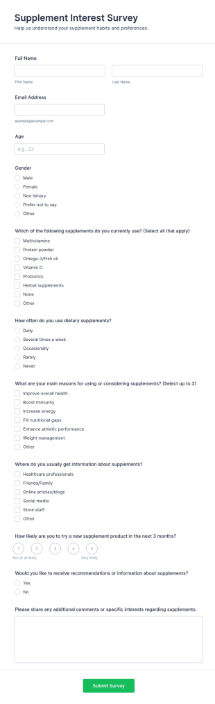 Supplement Interest Survey Form Template