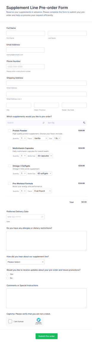 Supplement Line Pre Order Form Template