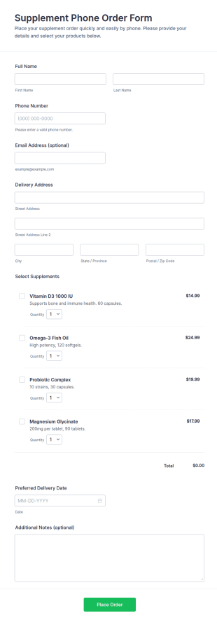 Supplement Phone Order Form Template