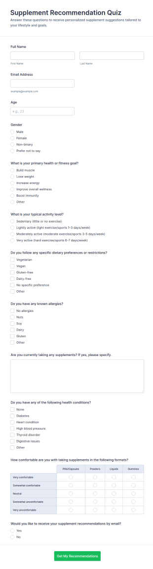 Supplement Recommendation Quiz Form Template