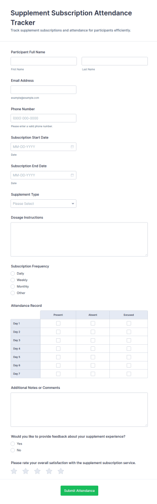 Supplement Subscription Attendance Tracker Form Template