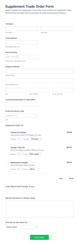 Supplement Trade Order Form Template