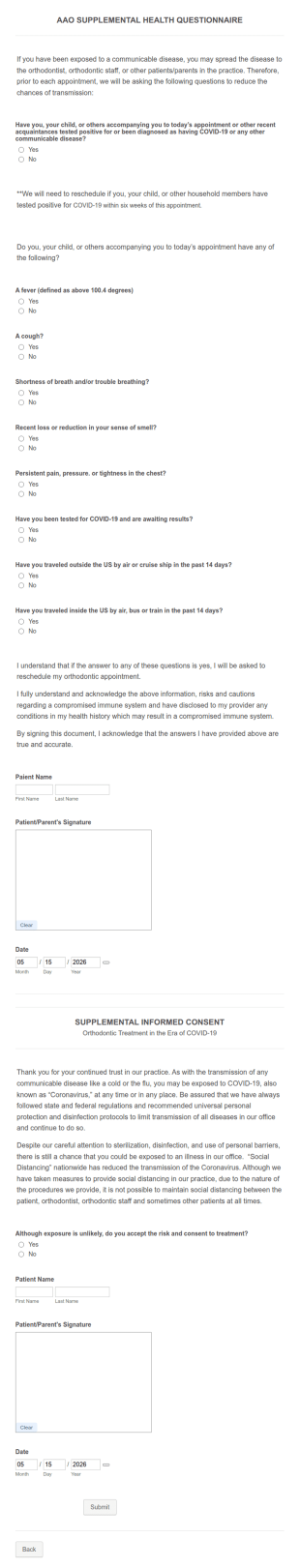 Supplemental Health Questionnaire Form Template