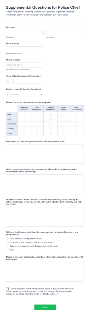 Supplemental Questions For Police Chief Form Template