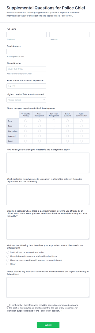 Supplemental Questions For Police Chief Form Template