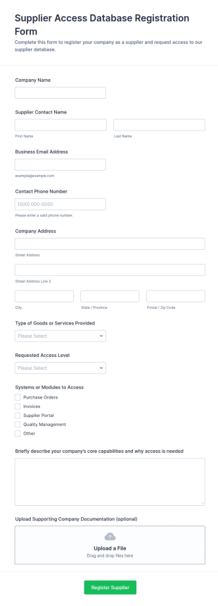 Supplier Access Database Registration Form Template