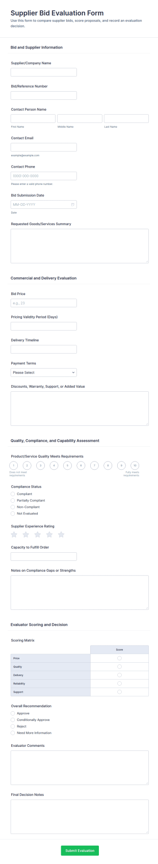 Supplier Bid Evaluation Form Template