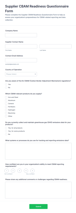 Supplier CBAM Readiness Questionnaire Form Template