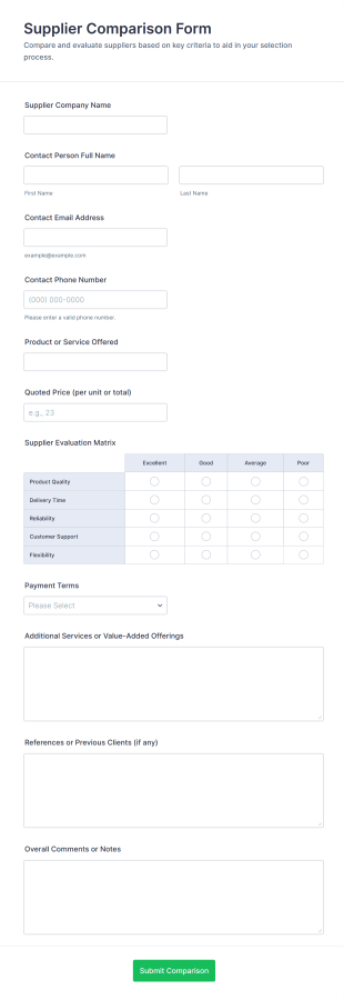 Supplier Comparison Form Template