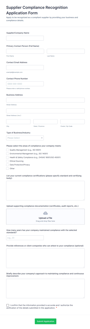 Supplier Compliance Recognition Application Form Form Template