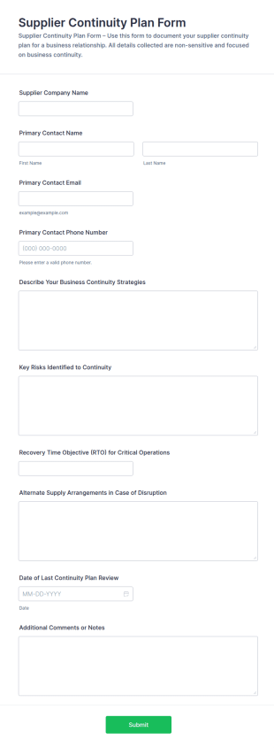 Supplier Continuity Plan Form Template