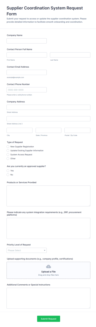 Supplier Coordination System Request Form Template