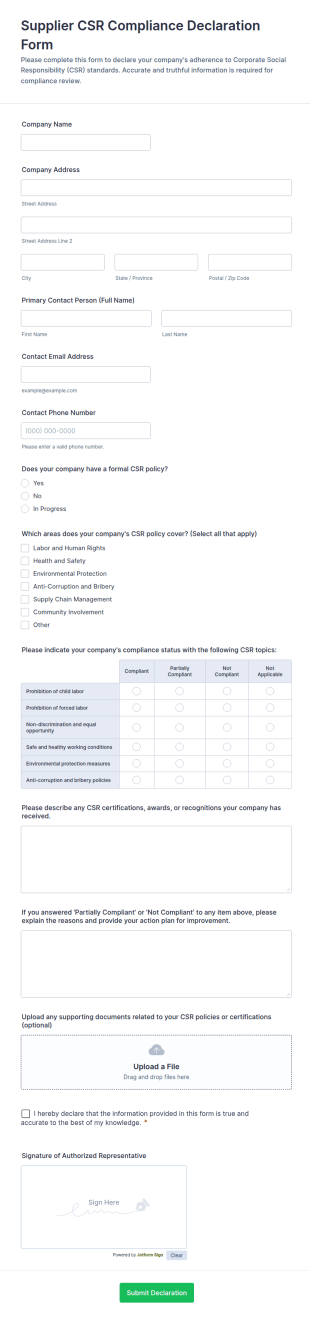 Supplier CSR Compliance Declaration Form Template