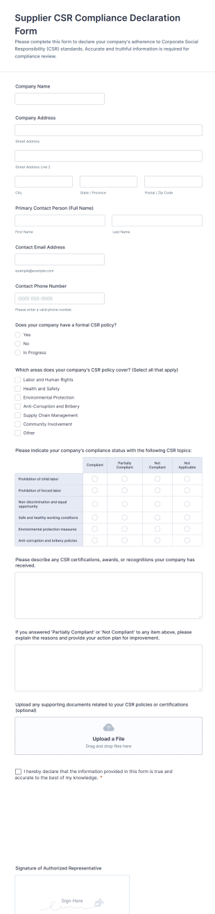 Supplier CSR Compliance Declaration Form Template