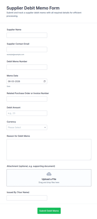 Supplier Debit Memo Form Template