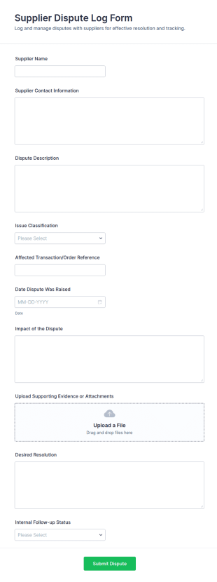 Supplier Dispute Log Form Template
