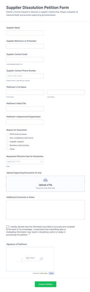 Supplier Dissolution Petition Form Template