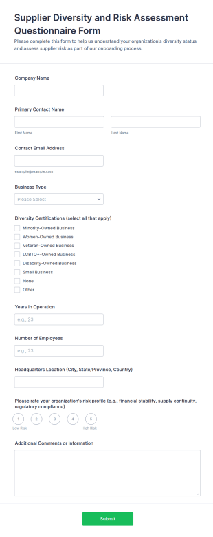 Supplier Diversity And Risk Assessment Questionnaire Form Template