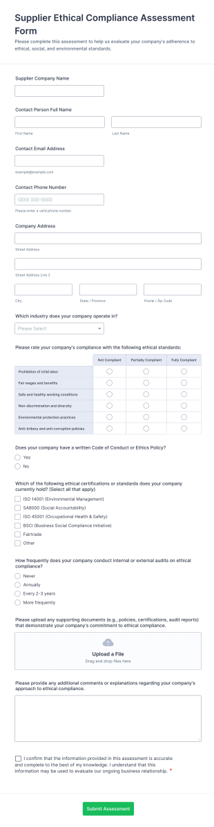 Supplier Ethical Compliance Assessment Form Template