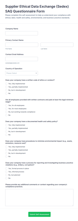Supplier Ethical Data Exchange (Sedex) SAQ Questionnaire Form Template